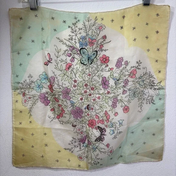 Vintage 60s square silk scarf garden floral butterflies painted hand rolled edge - Picture 13 of 16